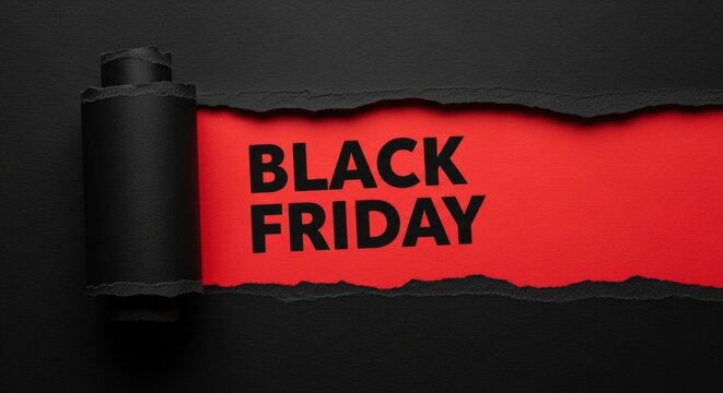 Black Friday Reveal: Torn Black Paper on Red, Bold Text, Dramatic Lighting