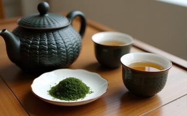 A traditional teapot and teacups on a wooden table with a green tea leaf on a small plate. High quality
