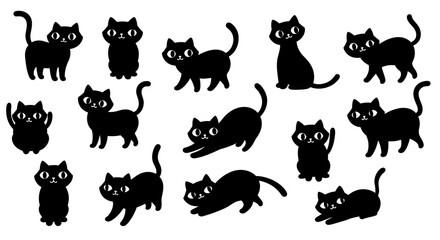 Obraz premium A Whimsical Collection of Adorable Black Feline Companions in Various Playful Poses Depicted in a Charming Cartoon Style