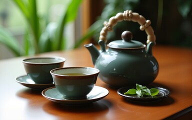 A traditional teapot and teacups on a wooden table with a green tea leaf on a small plate. High quality