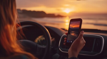 Woman photographs sunset ocean view from car.