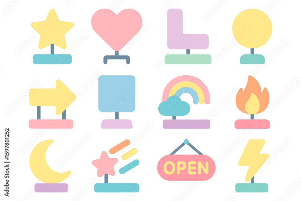 Poster pastel icon set vector illustration: versatile design for digital apps and print in flat style
