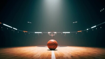 A single basketball rests on the court of an empty, dramatically lit arena, a powerful symbol of anticipation, competition, sports drama and the start of a championship game