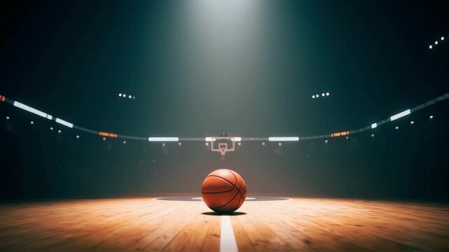 A single basketball rests on the court of an empty, dramatically lit arena, a powerful symbol of anticipation, competition, sports drama and the start of a championship game - Powered by Adobe