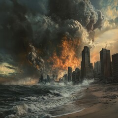 Apocalyptic cityscape ravaged by fire and waves