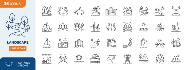 Fotobehang Wit Landscape line editable icon set. Containing mountain, sea, lake, river, forest, beach, desert, field, island, volcano, waterfall, and more. Editable stroke. Vector illustration  © Cetacons