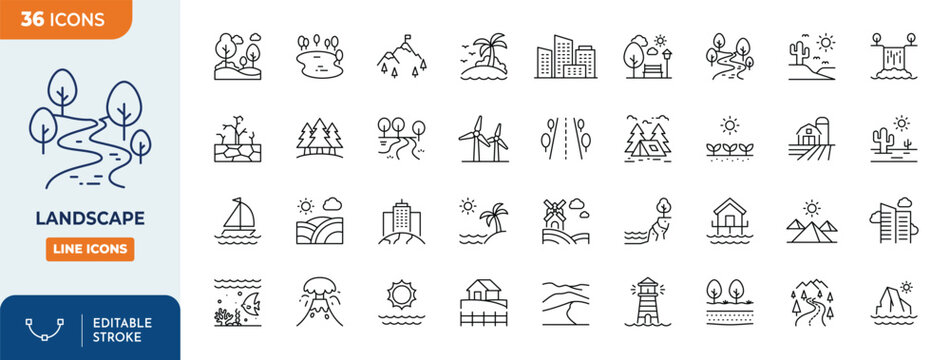 Landscape line editable icon set. Containing mountain, sea, lake, river, forest, beach, desert, field, island, volcano, waterfall, and more. Editable stroke. Vector illustration
