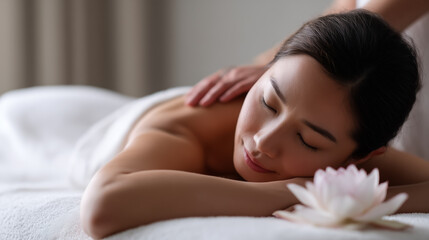 Obraz premium Relaxing Spa Massage with Candles and Lotus Flower