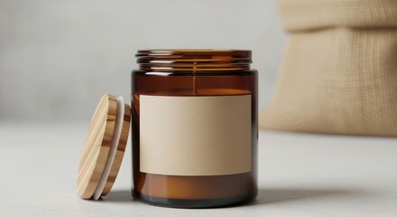 Amber glass candle jar with wooden lid and label