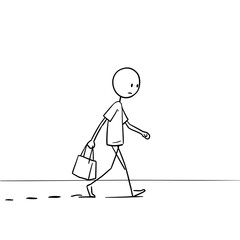 Stick figure walking with bag in minimalistic black and white style  