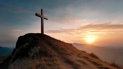 A cross is on top of a hill with a beautiful sunset in the background. Concept of peace and serenity, as the cross stands as a symbol of faith