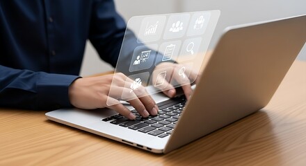 ISO certification and quality assurance, Businessman working with computer and tablet, Symbolizing compliance, Standar,holographic display projecting productivity tools and business