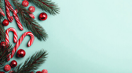 Christmas background with candy canes, pine branches, and red ornaments on the left side of a flat color backdrop.