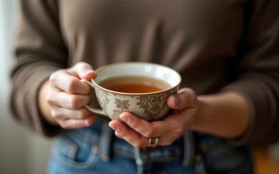 Woman offers hot tea in a vintage ceramic cup. High quality