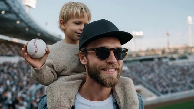 Happy father carries his son on his shoulders at a crowded stadium, sharing a joyful moment at a baseball game, a concept for fatherhood, family bonding and childhood memories