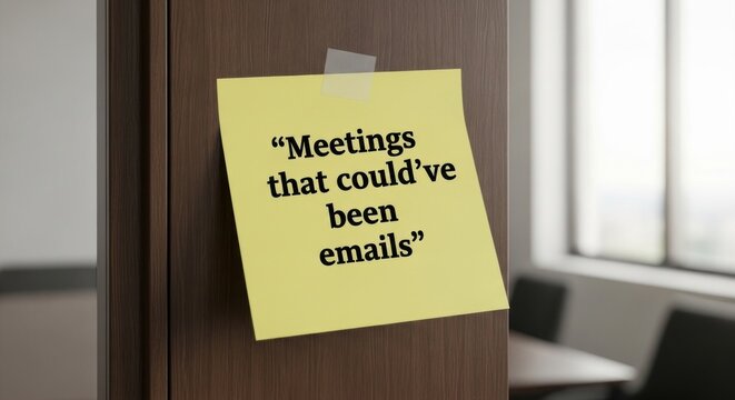 A yellow sticky note with the phrase "Meetings that could've been emails" is taped to a wooden door, capturing office humor and the efficiency of digital communication.