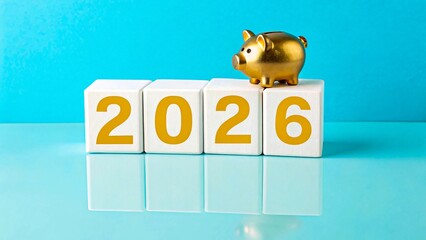 Future financial planning for 2026 with golden piggy bank on numeric cubes over blue reflective surface
