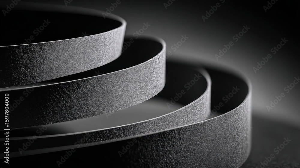 Poster diffused lighting casting shadows on textured gray ribbons, weaving concentric circular patterns wit