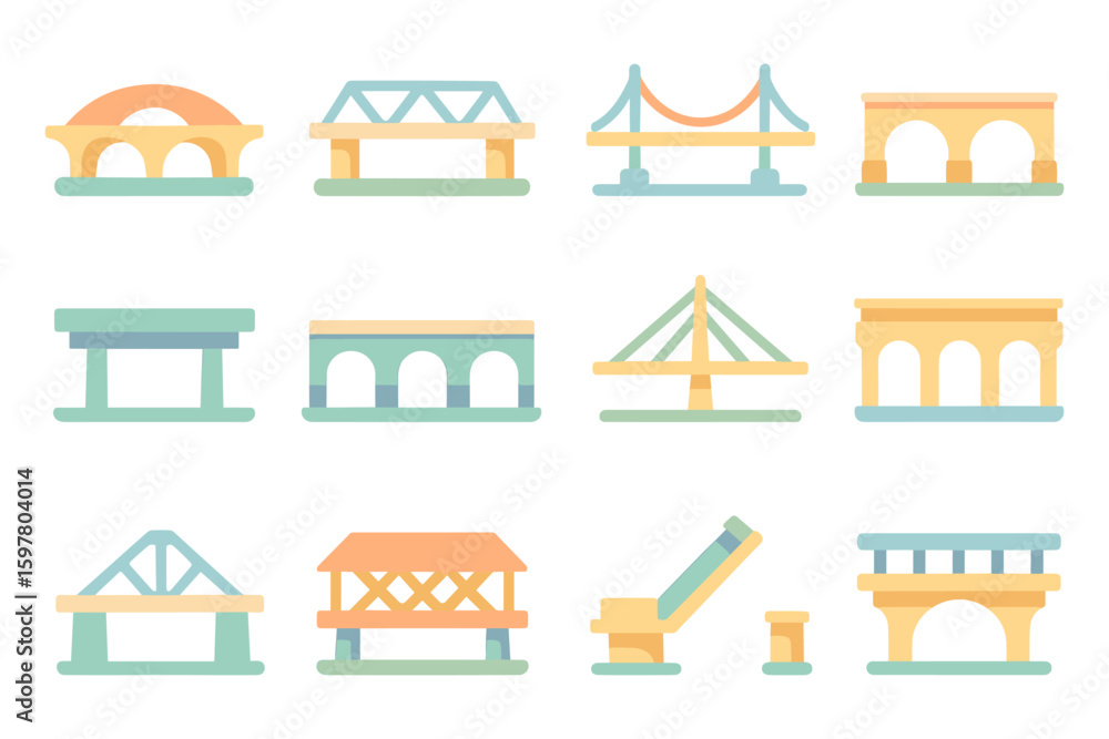 Poster bridge structures vector illustration: architectural elements for poster design in flat style