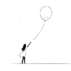 Silhouette of a girl in a dress reaching for a balloon floating upward in a minimalist black and white style