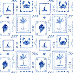 Seamless watercolor pattern in blue tones with sea motifs. With sailboats, crabs, shells, palm trees and decorative borders.  © Lana