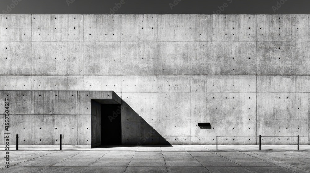 Poster monochrome concrete wall featuring regular perforations and rectangular doorway, casting sharp trian