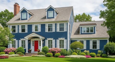 Obraz premium Blue Colonial Home with Red Door and Lush Flowerbeds in Summer