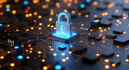 Cybersecurity concept represented with digital lock on circuit board