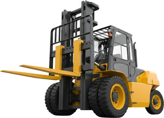 Fototapeta premium Yellow and black forklift with raised forks heavy duty industrial vehicle isolate