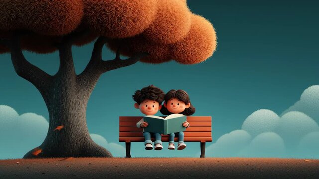 Animation of a cute boy and girl reading a book together on a bench under a large tree, a sweet scene representing childhood friendship, autumn romance and the joy of storytelling