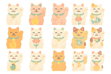Cute maneki neko cats vector illustration for lucky decor design in pastel flat style