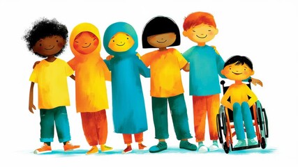 Watercolor illustration of a diverse group of children, including one in a wheelchair, standing together, a joyful representation of friendship, global unity and social inclusion - Powered by Adobe