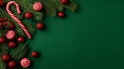 Christmas background with candy canes, pine branches, and red ornaments on the left side of a flat color backdrop.