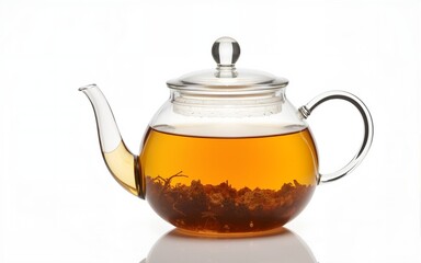 herbal tea served in a transparent glass teapot isolated over white backgound ready for breakfast or tea ceremony. High quality