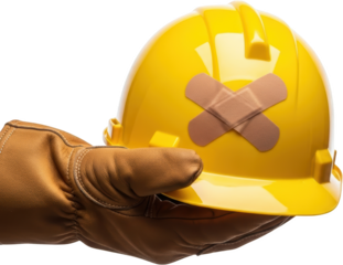Yellow hard hat with two adhesive bandages crisscrossed held by a gloved hand transparent background