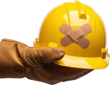Yellow hard hat with two adhesive bandages crisscrossed held by a gloved hand transparent background