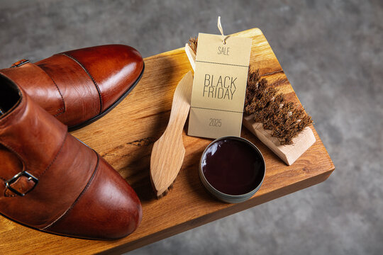 Elegant Leather Shoes with Black Friday Sale Tag and Shoe Care Set