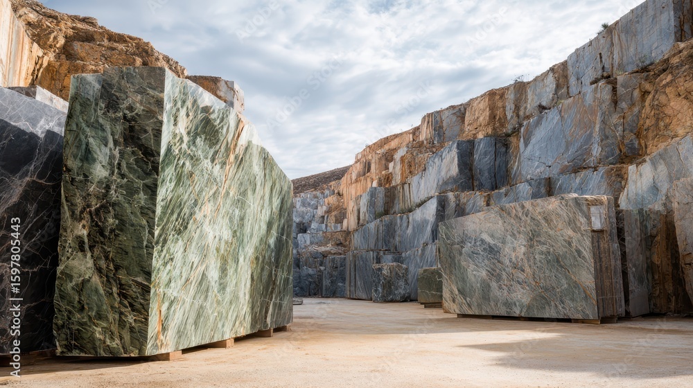 Poster marble blocks neatly stacked, gleaming under sunlight at quarry, prepared for transportation and arc