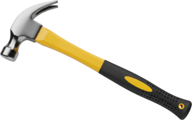 A shiny metal claw hammer with a yellow and black handle angled diagonally transparent background