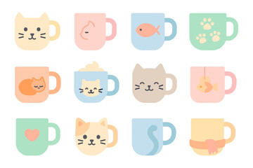 Obraz premium Cute cat mug collection vector illustration for coffee lovers - flat style design for merchandise or print