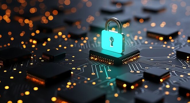 Digital security concept lock symbol on integrated circuit board