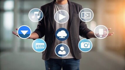A person is showcasing various multimedia icons in a modern setting, symbolizing technology and digital interaction.