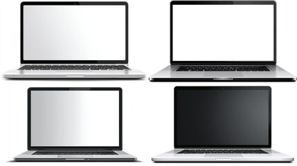 Four modern laptops with blank screens, in silver and black