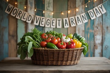 Fresh vegetables overflowing wicker basket against rustic backdrop celebrate World Vegetarian Day with tomatoes and peppers on display