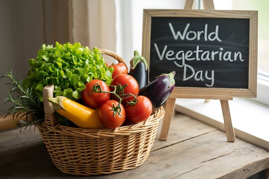 Celebrate World Vegetarian Day with fresh produce like eggplant, tomatoes, lettuce and zucchini in a wicker basket on a rustic wooden table