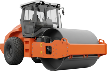 Orange and gray vibratory roller vehicle with large pneumatic tire and smooth steel drum transparent background