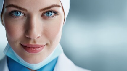 Close up portrait of a smiling female doctor wearing a surgical mask and cap, conveying professionalism, trust, and healthcare expertise in a hospital setting