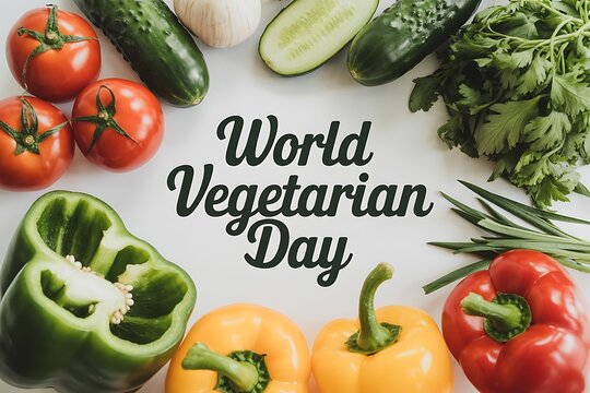 Fresh produce around World Vegetarian Day message with tomatoes, cucumbers, peppers, garlic, parsley, and green onions on a white background