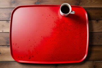 A cup of black coffee is placed on a bright red tray, resting on a weathered wooden surface.