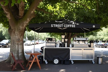 Outdoor coffee stand offers refreshing beverages, shaded by leafy trees on a sunny day scene.